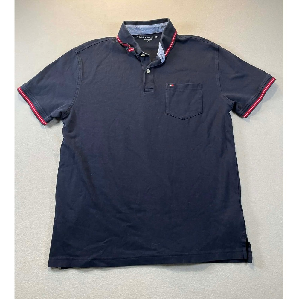 Tommy Hilfiger Polo Shirt Mens Large Navy Blue Pocket Short Sleeve Classic